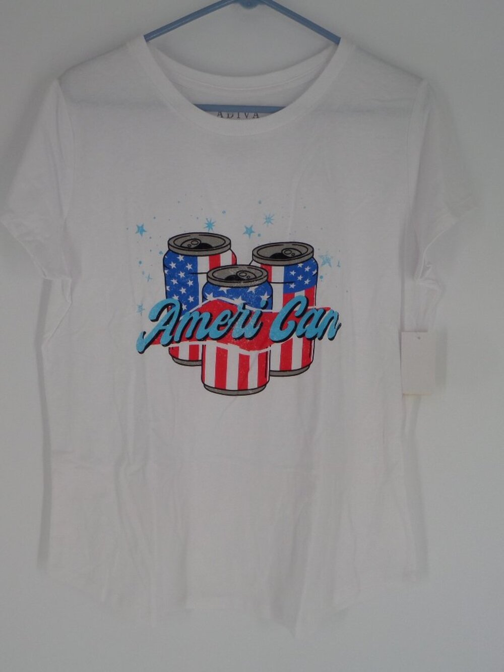 Adiva Woman's White Tee Shirt  Ameri Can 4th July Celebration Size 1X NWT